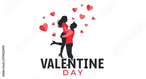 Romantic silhouette of a couple embracing amidst floating hearts for valentine s day celebration