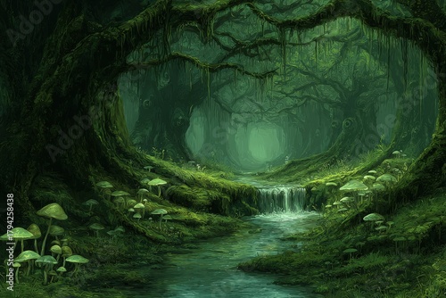 Mystical Green Forest Path With Stream