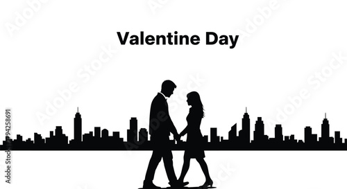 Romantic valentine day silhouette of a couple holding hands against a city skyline