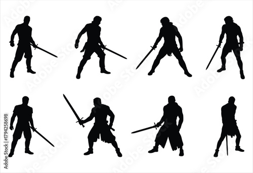 Dark Hooded Hero or Swordsman in Cape Silhouette illustration