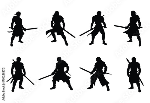 Ancient Japanese Kendo or Martial Arts Fighter Silhouettes