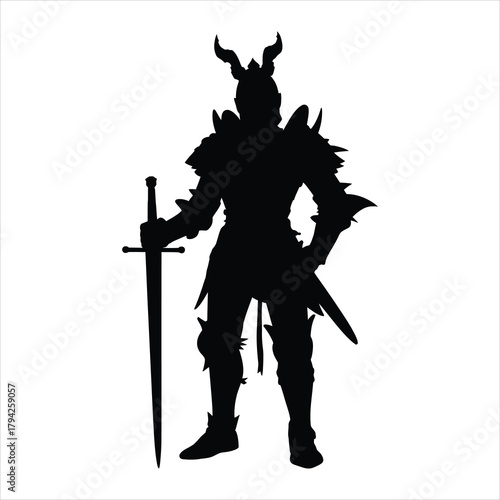 Horned fantasy knight silhouette in heavy armor with broadsword for game asset