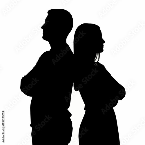 Silhouetted couple standing back to back, representing relationship issues and conflict.