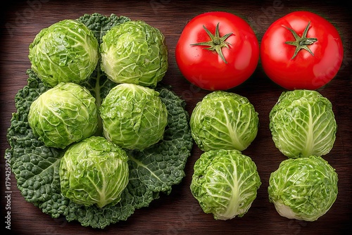 Fresh vegetables sprouts, tomatoes, on a dark wooden surface