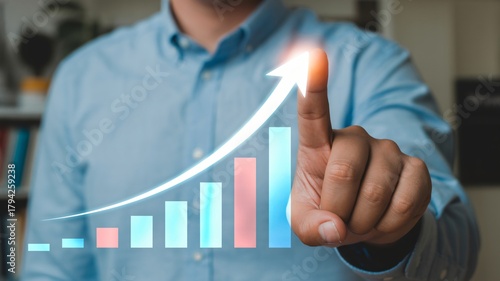 Confident professional touches glowing upward arrow on digital growth chart, symbolizing business success and financial progress in modern analytics.