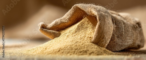 The sack of semolina spilling golden flour on a rustic wooden surface