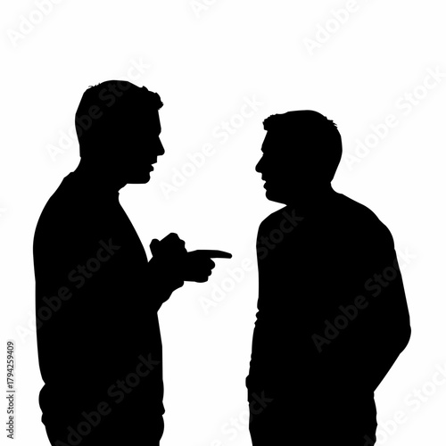 Two men in silhouette engaged in a serious conversation, one pointing a finger.