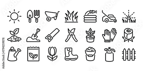 gardening, tools, plants, sun, wheelbarrow, shovel, rake, shears, watering can, hose, lawn mower, grass, rose, tulip, boot, bucket, fence, seed packet, sprout, soil, saw, gloves, garden, nature, outdo