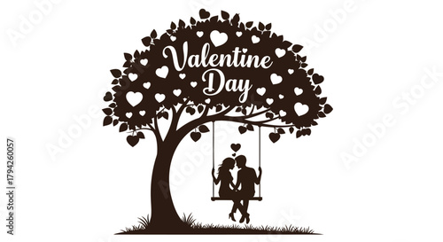 Romantic valentine s day silhouette of a couple on a swing under a heart adorned tree