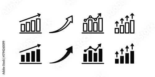 growth, chart, graph, bar chart, arrow, up, increase, progress, trend, data, statistics, business, finance, icon, set, collection, design, element, graphic, illustration, black and white, simple, mode