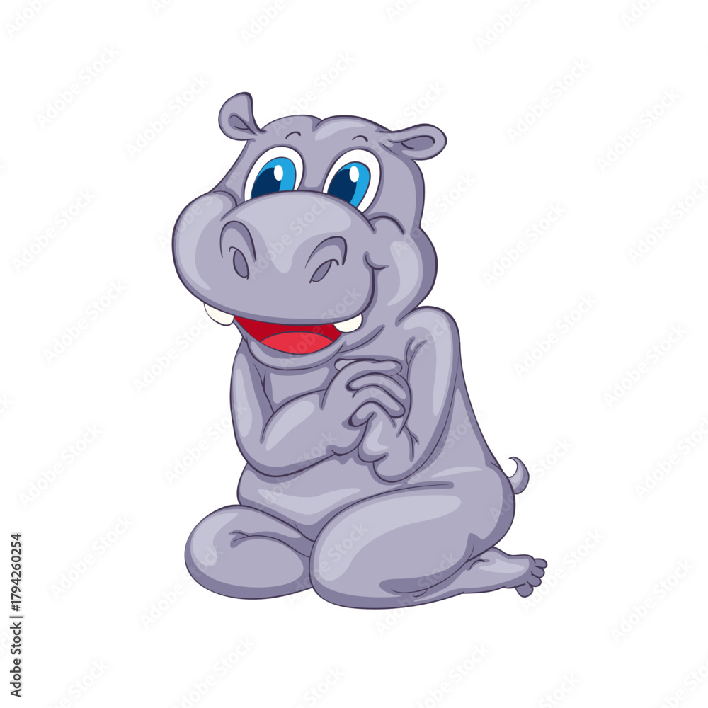 Fototapeta premium Cute cartoon hippopotamus sitting with a sly smile and clasped hands against a perfect for children's illustrations and educational materials