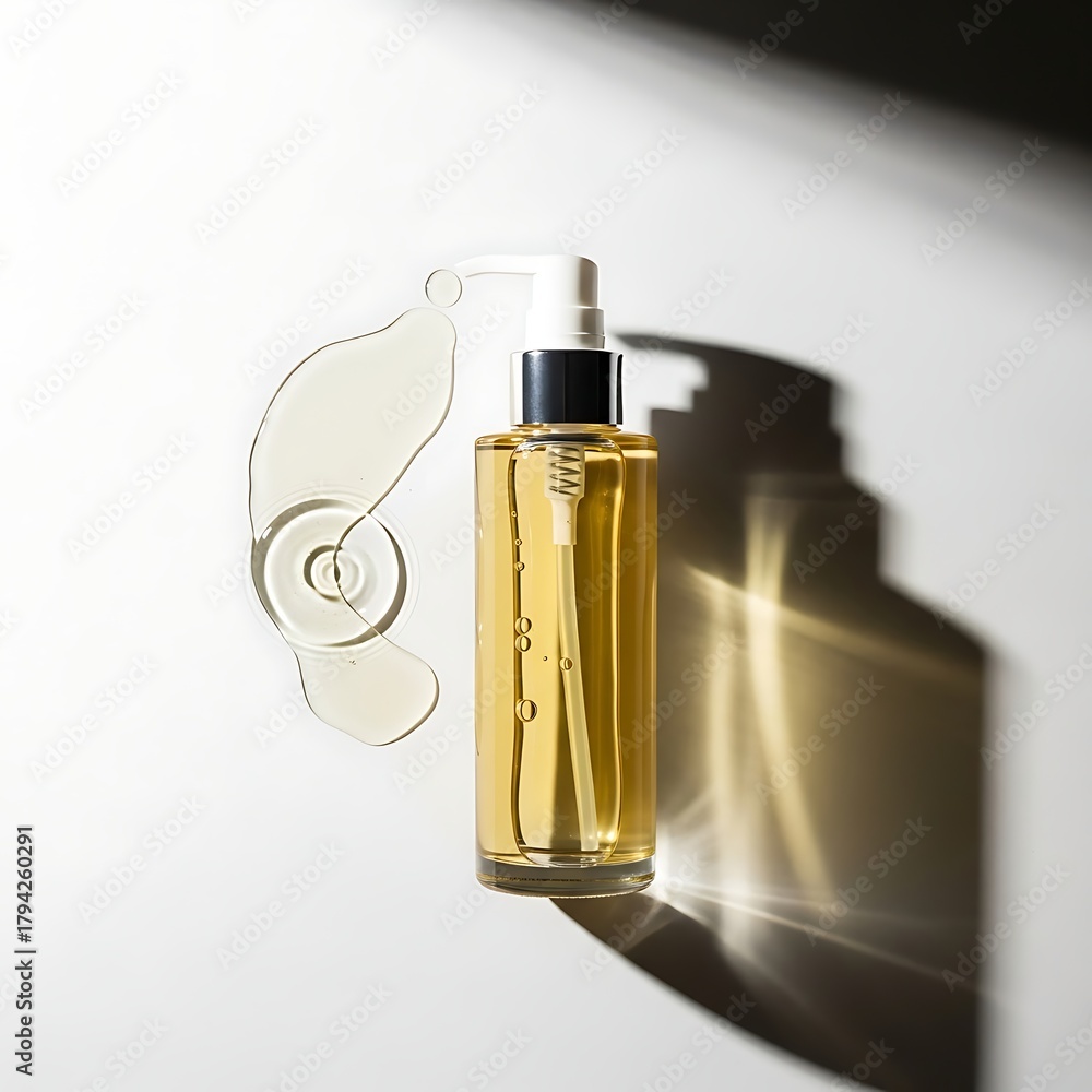 Naklejka premium Clear cosmetic oil in a pump bottle with a spill of liquid beside it, casting dramatic shadows on a white surface