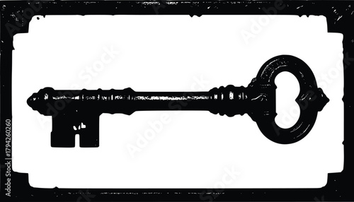 Black and white illustration of an antique key