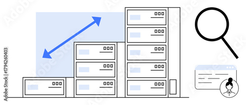 Servers stacked in increasing size, growth arrow, magnifying glass, browser tab. Ideal for data storage, technology, growth infographic, analysis, scalability research and digital monitoring
