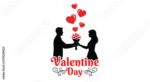 Romantic valentine s day silhouette of a couple exchanging a heart bouquet with floating hearts above