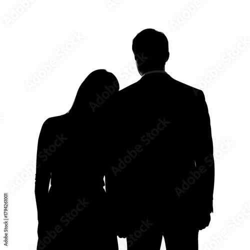 Silhouette of a Couple - Woman Leaning on Mans Shoulder in Dark Attire.
