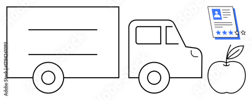 Delivery truck, apple as food product, and detailed review card symbolizing logistics, sustainability, customer feedback, food industry, online shopping, quality assurance, simple flat metaphor