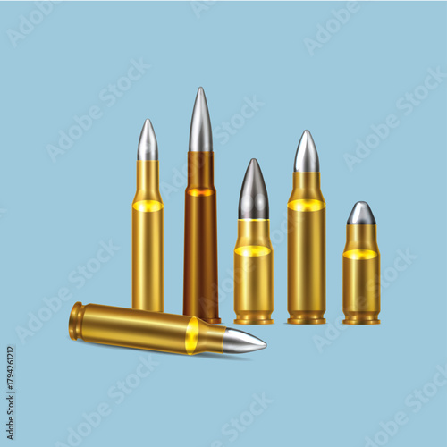 Bullets: A collection of various bullets standing against blue backdrop. This image embodies raw power, readiness, and the tools of combat. The ammunition, essential to the dynamics of warfare.