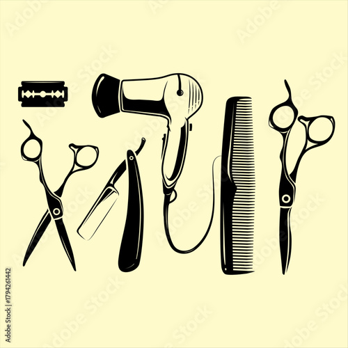 Barber shop tools including scissors razor comb and hair dryer arranged neatly on a light background showcasing classic grooming equipment and professional hairstyling services