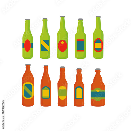 Assorted beer bottles in green and orange hues with colorful labels arranged in two rows against a stark creating a visually appealing and modern composition