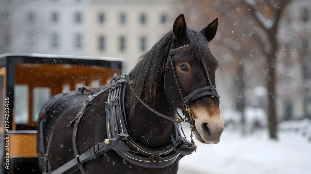 Fototapeta premium A horse wearing a harness stands ready to pull a carriage in a snowy winter landscape