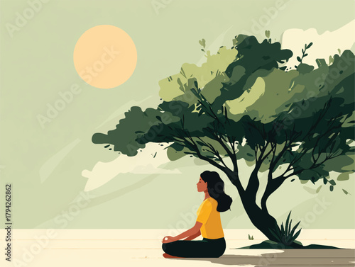 Woman meditating under a tree in a serene landscape background