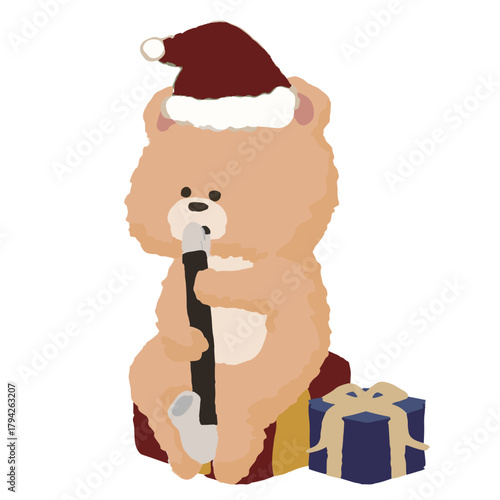 Winter Concert Bear Playing Bass Clarinet with Santa Hat