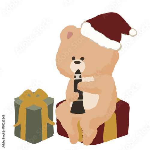 Winter Concert Bear Playing Clarinet with Santa Hat