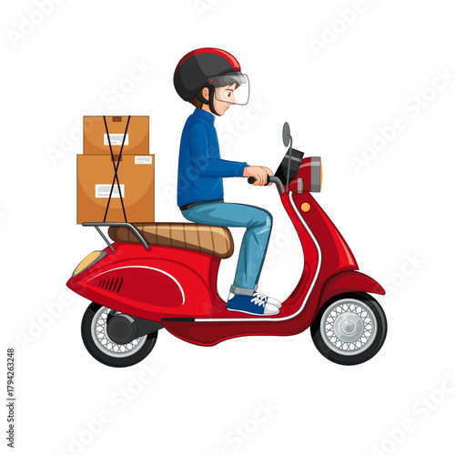 Delivery driver on a red scooter carrying packages ready to deliver to customers quickly and efficiently in the city with a helmet for safety and protection on the road