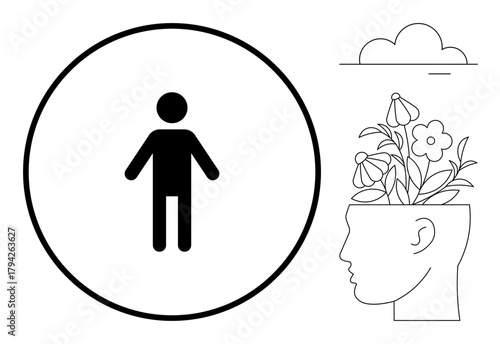 Minimalistic human icon inside circle and profile head filled with blooming flowers. Ideal for psychology, mental health, self-care, creativity, growth mindset, wellbeing, mindfulness. Simple flat
