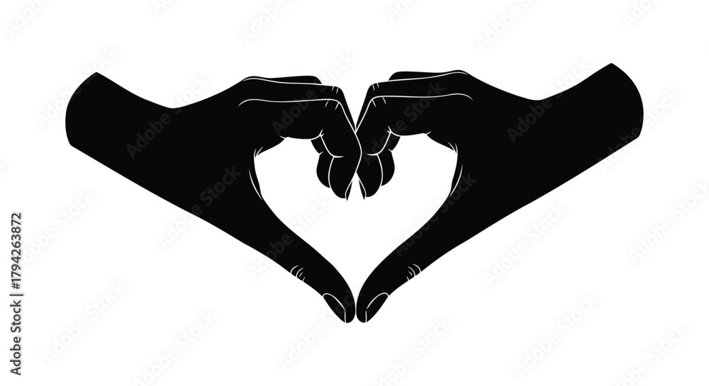 Fototapeta premium Two black silhouetted hands forming a heart shape against a white background