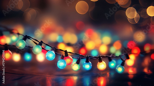 Vibrant garland of multicolored glowing lights rests on reflective surface, surrounded by blurred bokeh backdrop. Image perfect for creating holiday visuals, festive spirit, decorative designs.