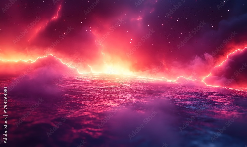 Fototapeta premium Ethereal pink purple cosmic ocean storm with dramatic lightning strikes