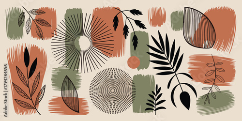 Abstract Mid- Century Modern Design with Organic Shapes and Botanical Elements Keywords: abstract, mid-century modern, organic shapes, botanical