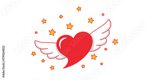 A vibrant red heart with white feathered wings soars amongst a constellation of twinkling yellow stars on a clean white background
