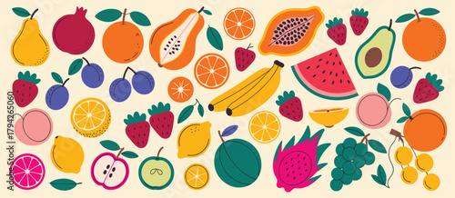 Assortment of Colorful Flat Design Fruits and Berries on a Light Background food healthy