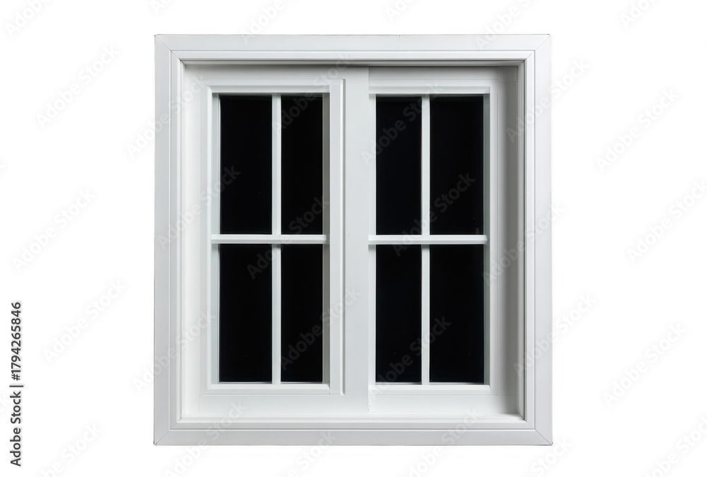 Fototapeta premium A classic double-pane window with white framing and divided glass panes, designed for residential or commercial buildings, set against a transparent background