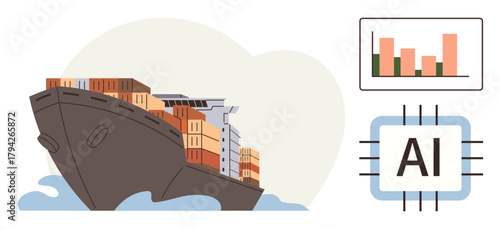 Cargo ship loaded with containers sailing on water, bar chart, and AI circuit chip graphic. Ideal for technology, shipping, data analytics, trade, global business logistics innovation. Simple flat
