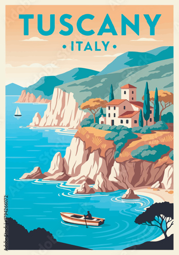 Vintage Retro Travel Poster Illustration of Tuscany Italy Coastal Landscape and Mediterranean Villa