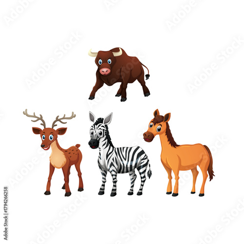 Cartoon animals including a bull a deer a zebra and a horse standing together creating a whimsical and playful scene perfect for children's illustrations