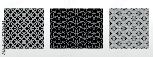 Geometric floral set of seamless patterns. Gray and black vector backgrounds. Damask graphic ornaments