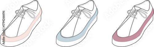 Vector illustration of three sneakers with different colored soles for sport and fashion