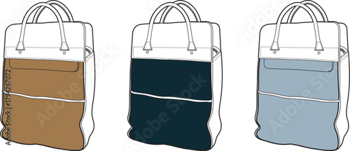 Stylish tote bags in various color schemes brown, navy blue, and light blue, perfect for fashion