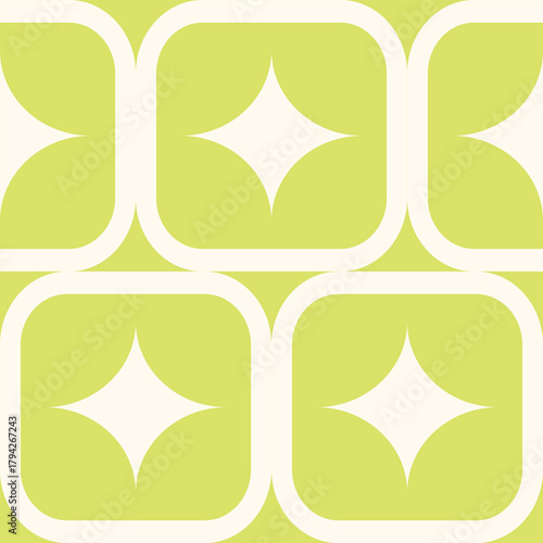 rounded rectangle with twinkle stars inside on bright green background retro geometric seamless pattern 