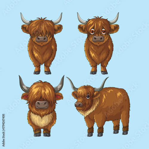 Charming cartoon highland cows in various poses against a soft blue background showcasing adorable animal characters with fluffy fur and expressive eyes in a delightful illustration