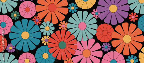 Retro psychedelic floral pattern with vibrant multi-colored daisy-like flowers on black Keywords: floral, pattern, retro, psychedelic, 1960s, 1970s
