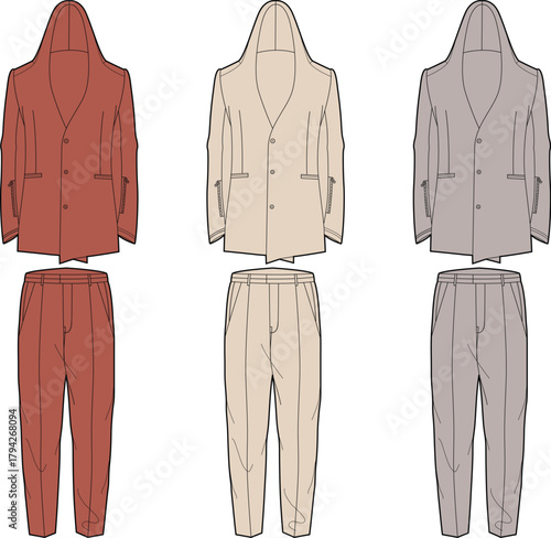 Illustrative depiction of formal suits for various color schemes in a minimalist style, tailored for fashion design