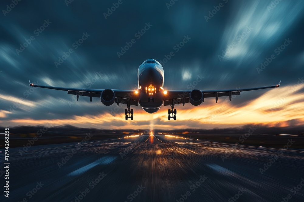 Naklejka premium A large commercial airplane is taking off from a runway at sunset, with a dramatic sky of orange and purple hues. The airplane is a Boeing 747, with its engines roaring as it ascends into the sky.