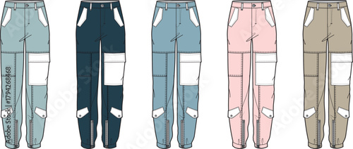 Collection of colorful cargo pants designs in various shades, fashion-forward concepts for apparel
