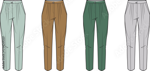 Four colored fashion design pants illustration representing different apparel styles for clothing concepts